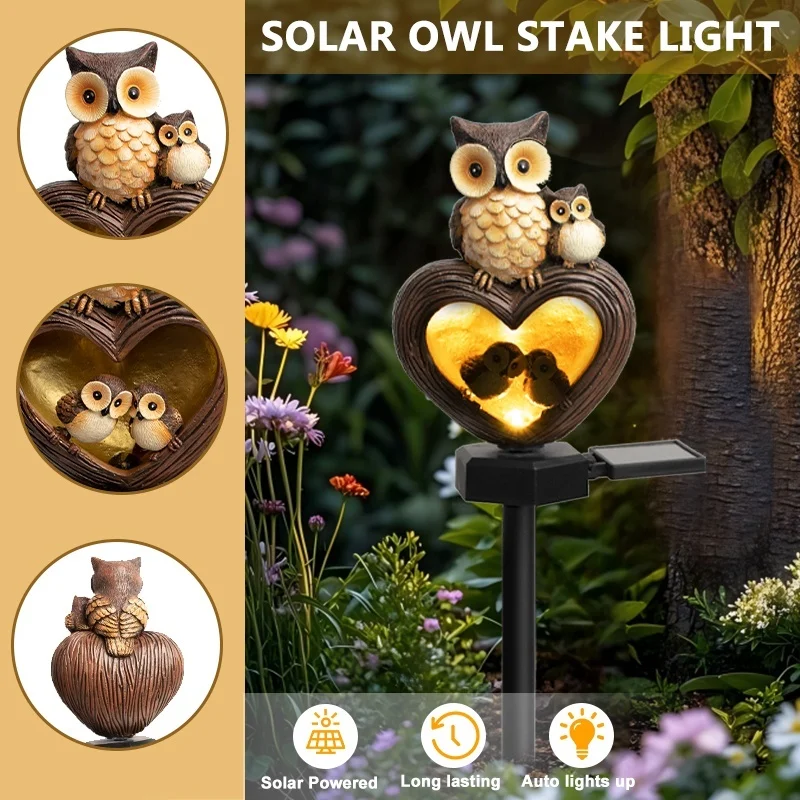 SM24946 Solar-Powered Resin Owl Statue Garden Stake Light — Decorative Small Animal Bird_8