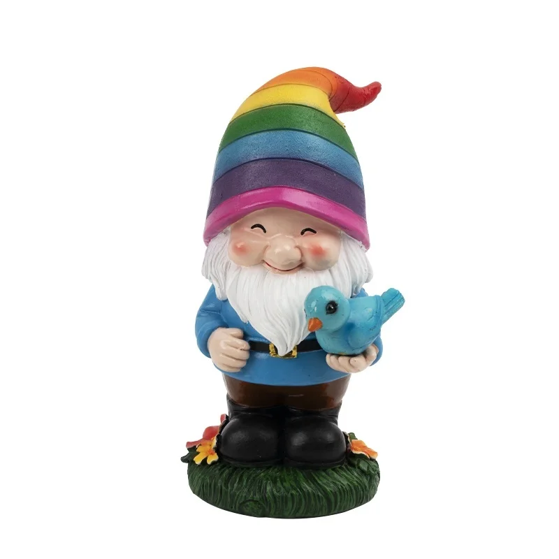 SM24947 Solar Rainbow Hat Resin Garden Gnome Statue with Freestanding Light, Dragonfly, Large Decorative