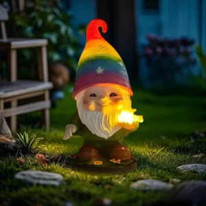 SM24949 Solar Rainbow Hat Resin Garden Gnome Statue with Freestanding Light, Dragonfly, Decorative, Small