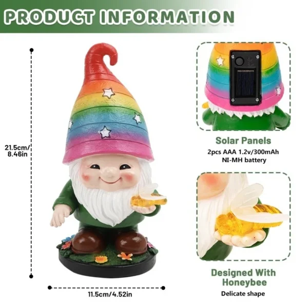 SM24949 Solar Rainbow Hat Resin Garden Gnome Statue with Freestanding Light, Dragonfly, Decorative, Small_2