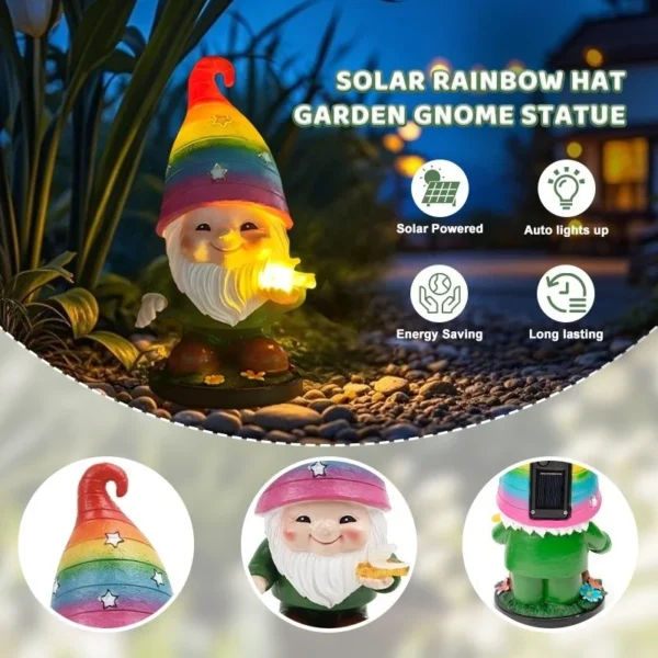 SM24949 Solar Rainbow Hat Resin Garden Gnome Statue with Freestanding Light, Dragonfly, Decorative, Small_5