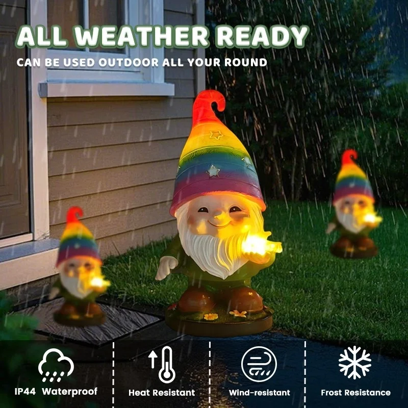 SM24949 Solar Rainbow Hat Resin Garden Gnome Statue with Freestanding Light, Dragonfly, Decorative, Small_6