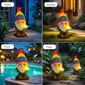 SM24949 Solar Rainbow Hat Resin Garden Gnome Statue with Freestanding Light, Dragonfly, Decorative, Small_7