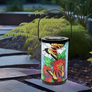 SM24952 Glass Butterfly Solar Lantern Hanging Light with Metal Iron Animal Design_3