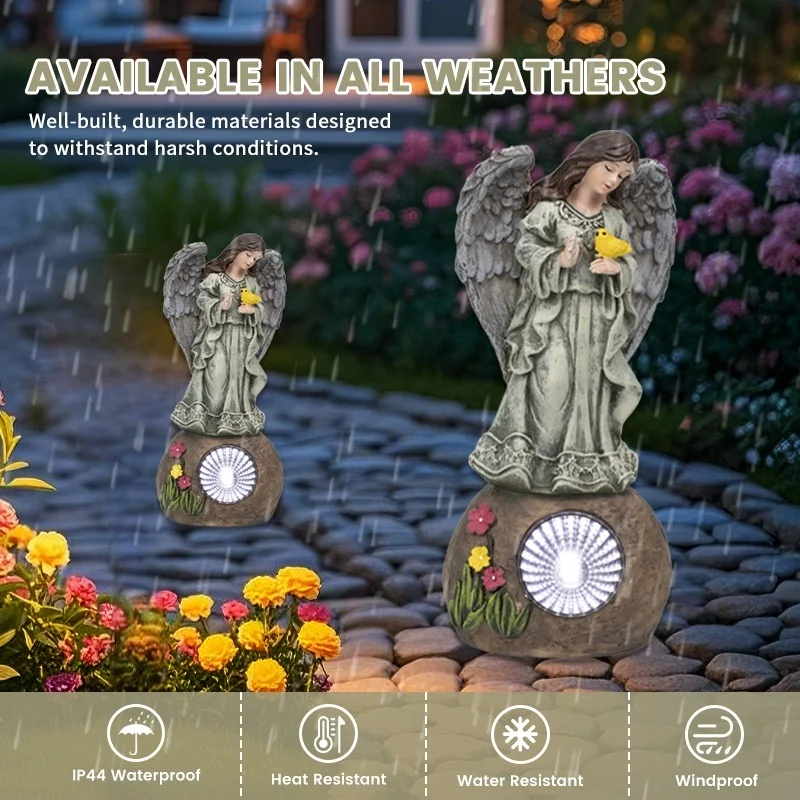 SM24959 Solar Garden Decorative Resin Statue – Freestanding Light with Angel, Bird, Flower, Globe, and Rock_10