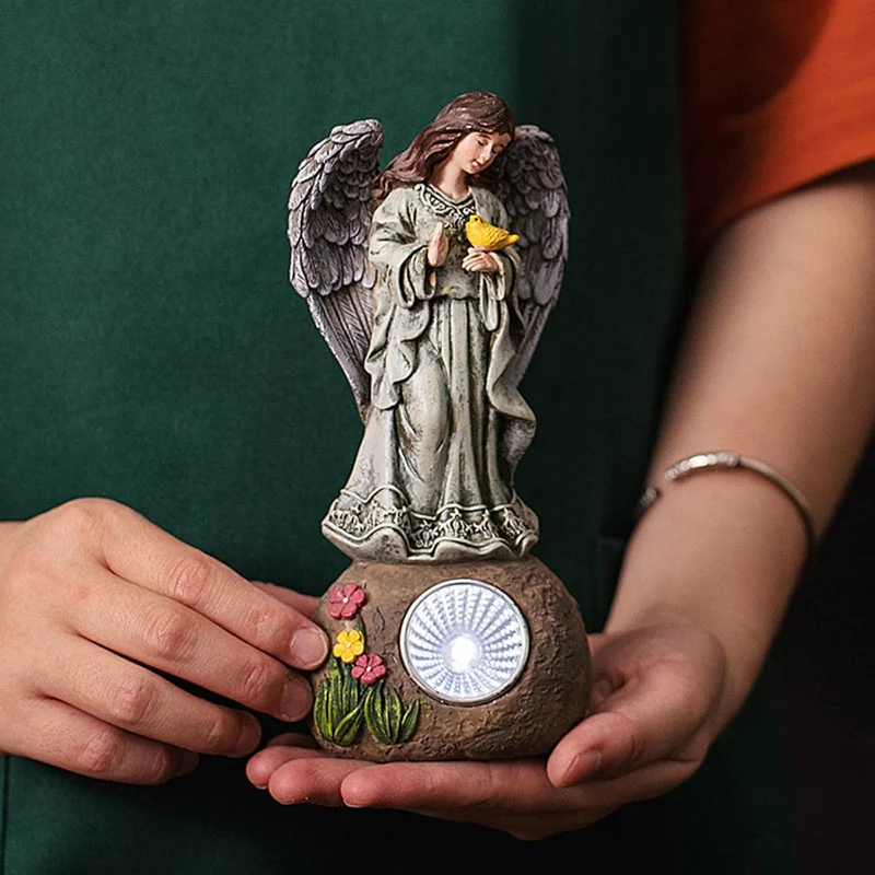 SM24959 Solar Garden Decorative Resin Statue – Freestanding Light with Angel, Bird, Flower, Globe, and Rock_11