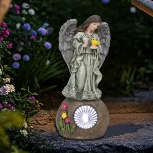 SM24959 Solar Garden Decorative Resin Statue – Freestanding Light with Angel, Bird, Flower, Globe, and Rock_12