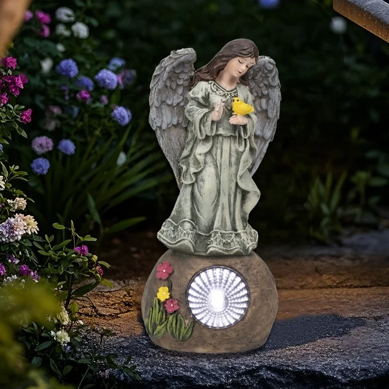 SM24959 Solar Garden Decorative Resin Statue – Freestanding Light with Angel, Bird, Flower, Globe, and Rock_12