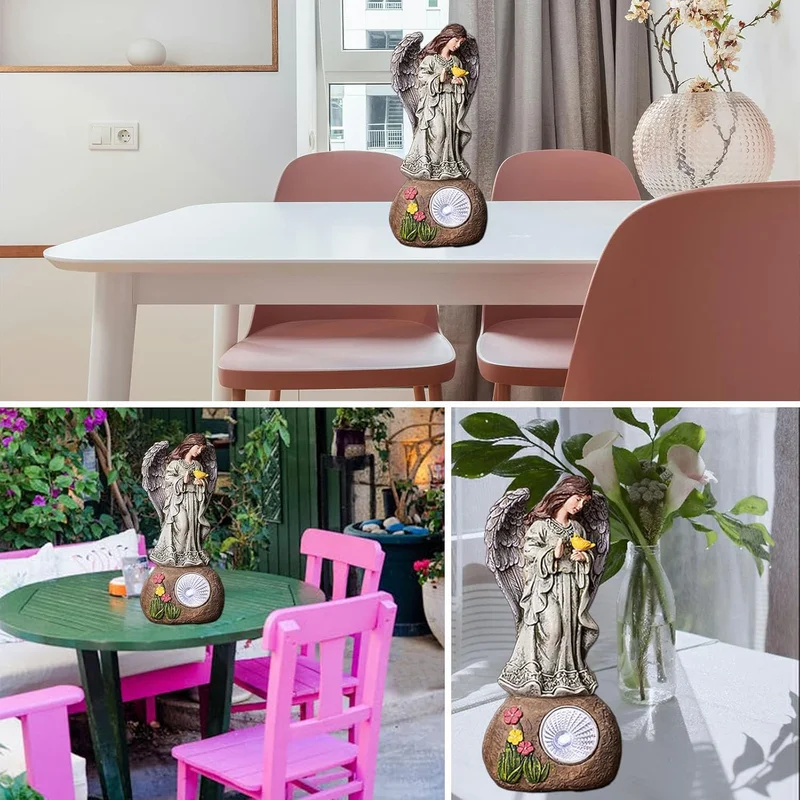 SM24959 Solar Garden Decorative Resin Statue – Freestanding Light with Angel, Bird, Flower, Globe, and Rock_4