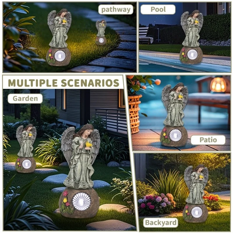 SM24959 Solar Garden Decorative Resin Statue – Freestanding Light with Angel, Bird, Flower, Globe, and Rock_5