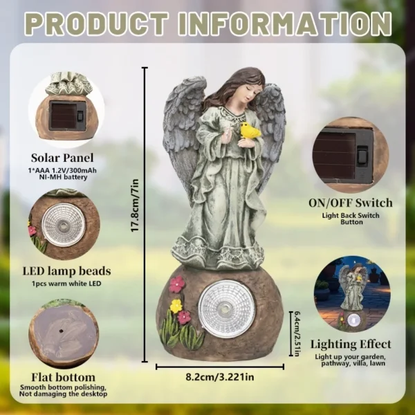 SM24959 Solar Garden Decorative Resin Statue – Freestanding Light with Angel, Bird, Flower, Globe, and Rock_6