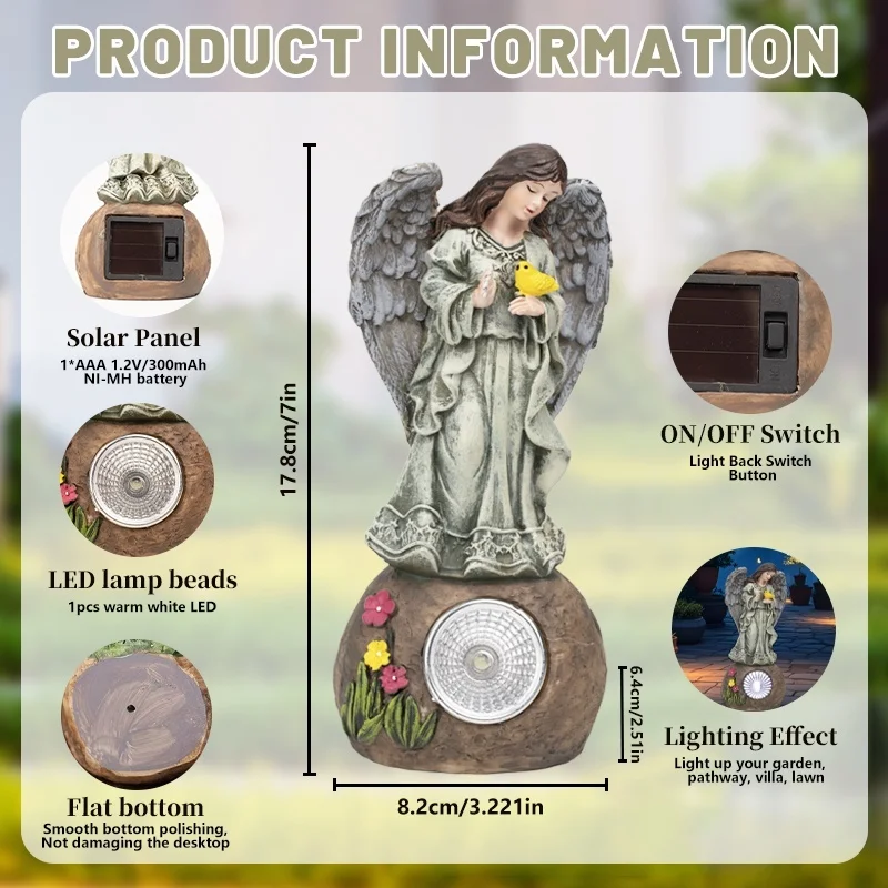 SM24959 Solar Garden Decorative Resin Statue – Freestanding Light with Angel, Bird, Flower, Globe, and Rock_6
