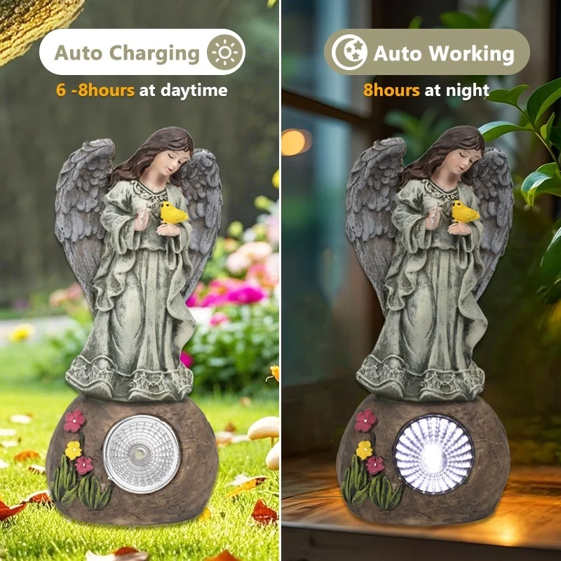 SM24959 Solar Garden Decorative Resin Statue – Freestanding Light with Angel, Bird, Flower, Globe, and Rock_7