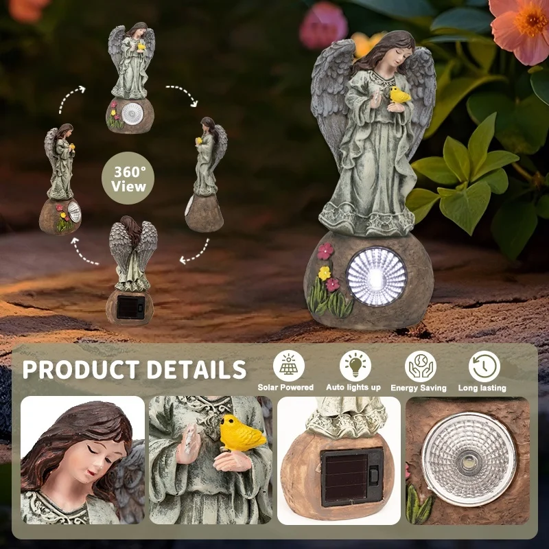 SM24959 Solar Garden Decorative Resin Statue – Freestanding Light with Angel, Bird, Flower, Globe, and Rock_8