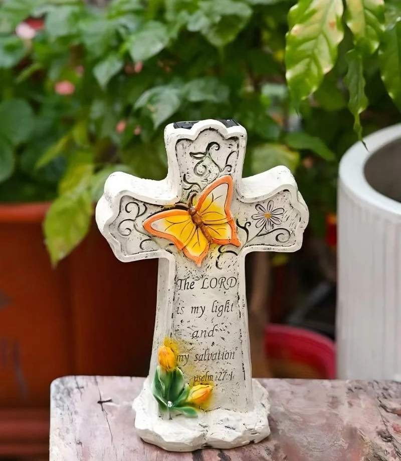 SM25005 White Resin Grave Cross Solar Freestanding Light with Decorative Textured Base