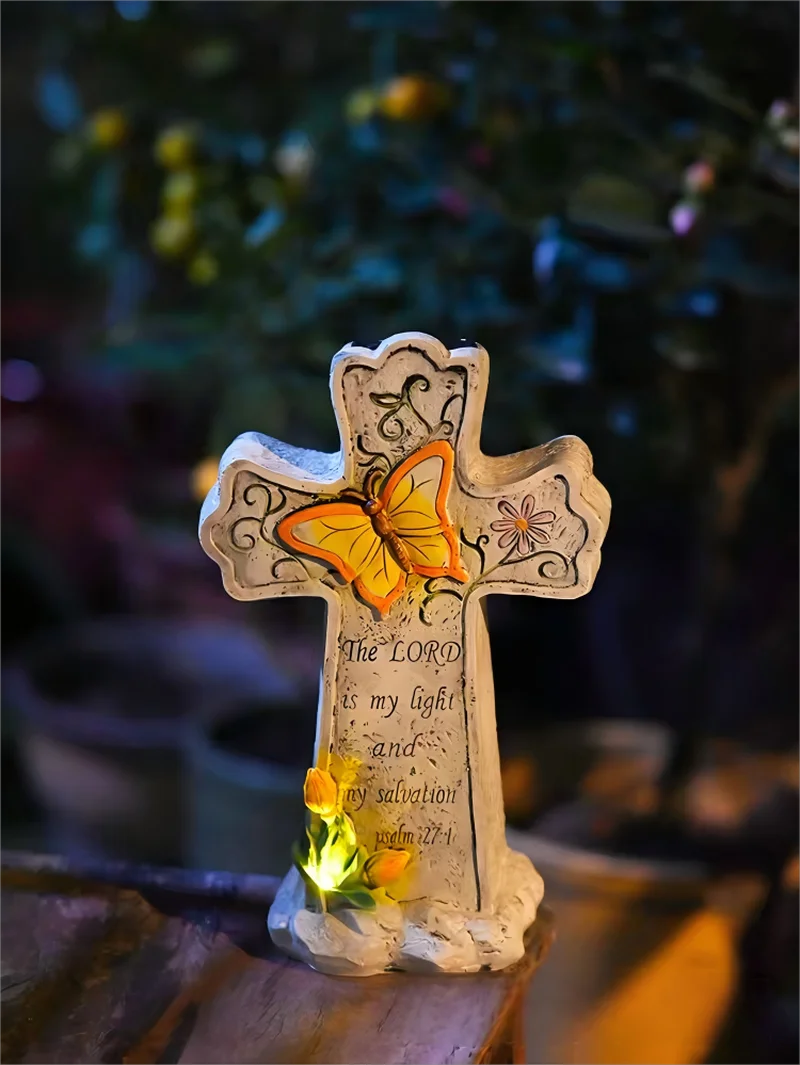 SM25005 White Resin Grave Cross Solar Freestanding Light with Decorative Textured Base_2
