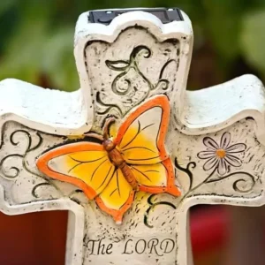 SM25005 White Resin Grave Cross Solar Freestanding Light with Decorative Textured Base_3