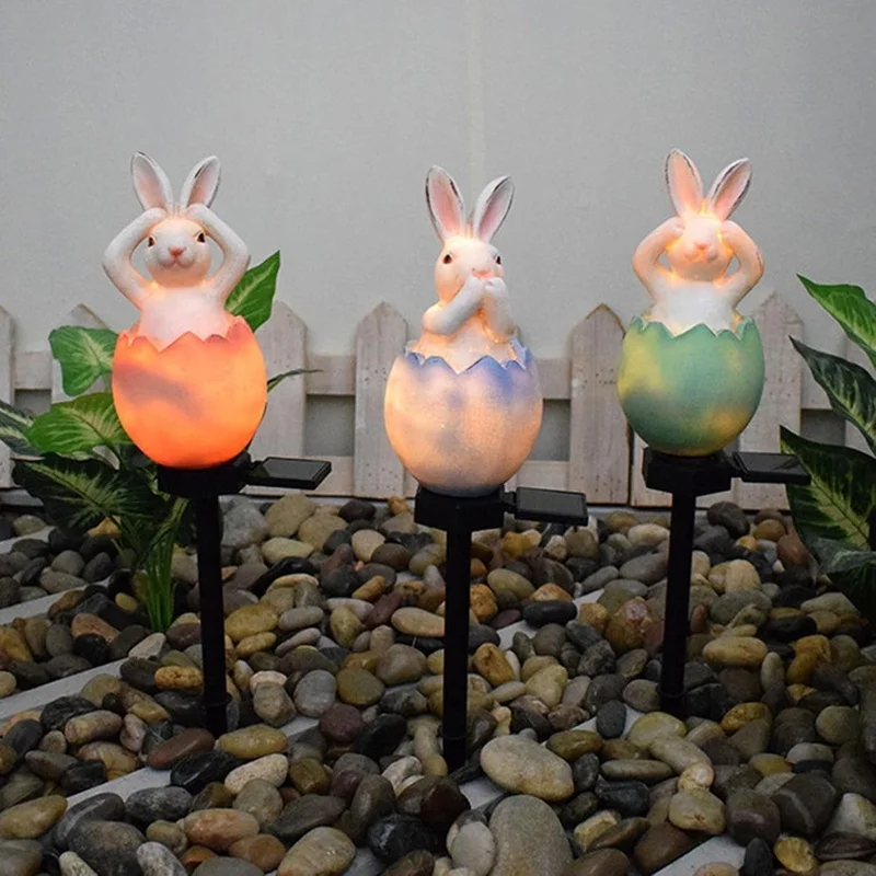 SM25016 Solar Resin Statue - Easter Eggshell Bunny Freestanding Animal Rabbit_1