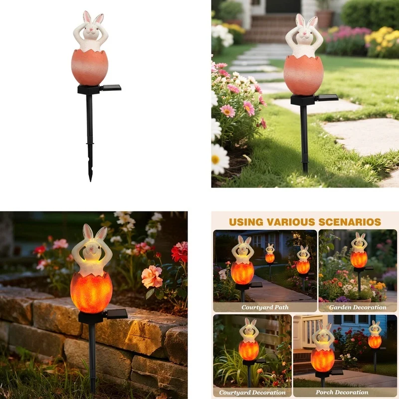 SM25016 Solar Resin Statue - Easter Eggshell Bunny Freestanding Animal Rabbit_13