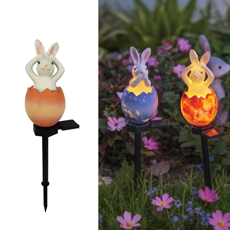 SM25016 Solar Resin Statue - Easter Eggshell Bunny Freestanding Animal Rabbit_2