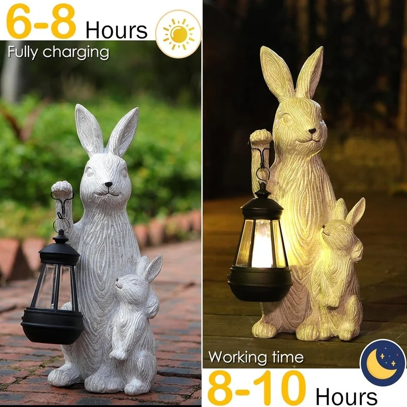 SM25017 Rabbit Resin Statue Solar Tabletop Animal Lamp