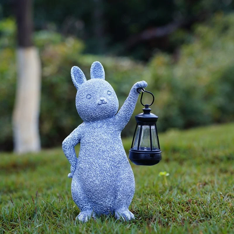 SM25018 White Textured Resin Rabbit Solar Lamp with Lantern - Decorative Animal Tabletop Light