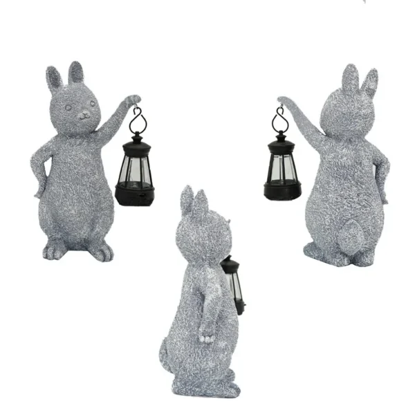 SM25018 White Textured Resin Rabbit Solar Lamp with Lantern - Decorative Animal Tabletop Light_4