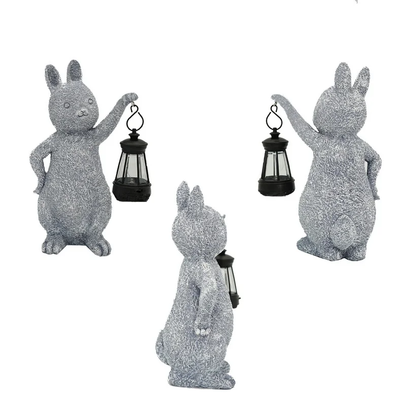 SM25018 White Textured Resin Rabbit Solar Lamp with Lantern - Decorative Animal Tabletop Light_4