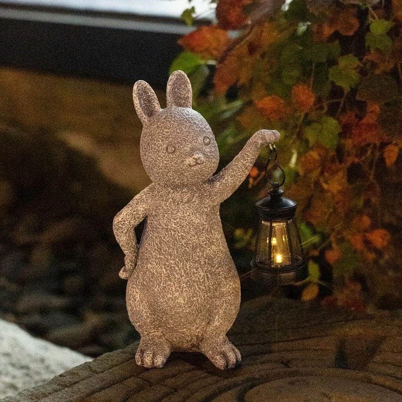 SM25018 White Textured Resin Rabbit Solar Lamp with Lantern - Decorative Animal Tabletop Light_5