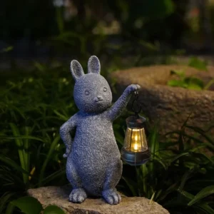 SM25018 White Textured Resin Rabbit Solar Lamp with Lantern - Decorative Animal Tabletop Light_7