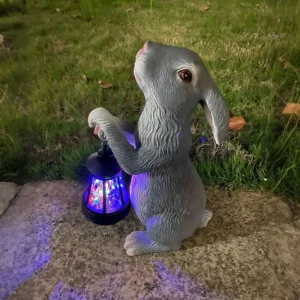SM25023 Rabbit Resin Statue Solar Tabletop Animal Lamp