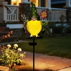 SM25029 Metal Iron Gnome With Fiber Optic Decorative Solar Garden Stake Light
