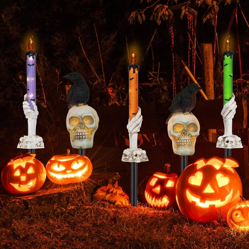 SM251009 Pack of 5 Resin Statue Solar Skull Candle Stake Lights