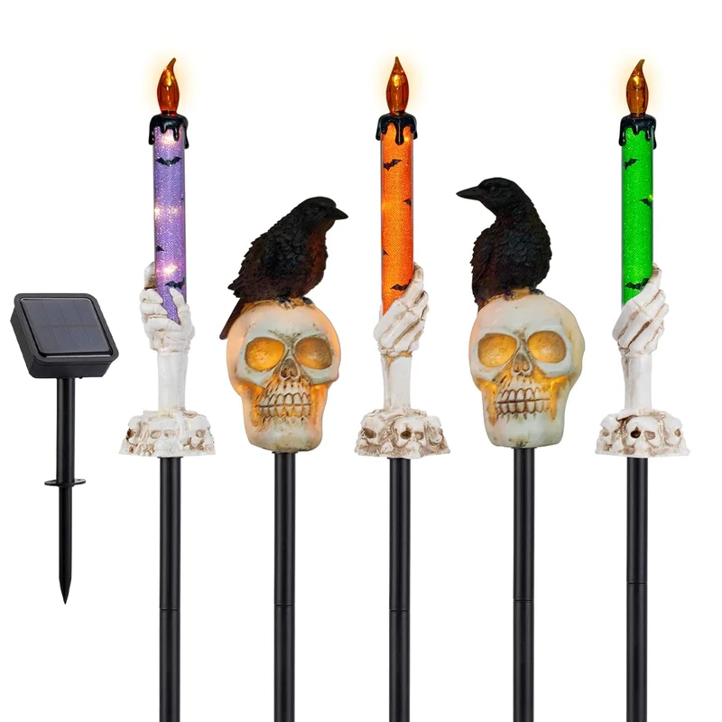 SM251009 Pack of 5 Resin Statue Solar Skull Candle Stake Lights_2