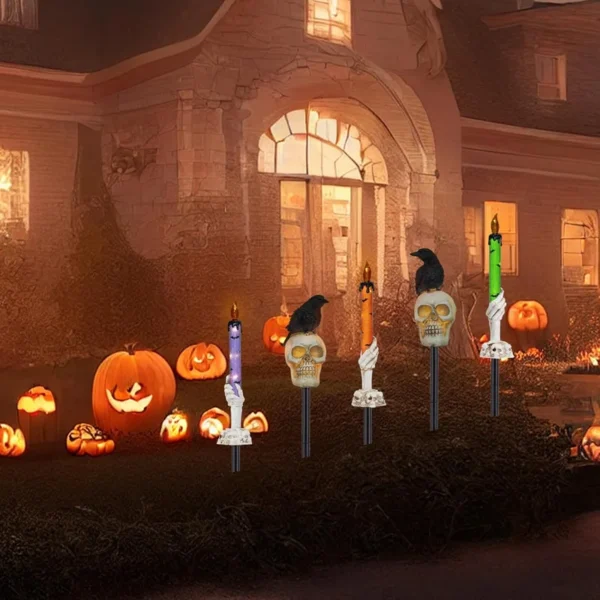 SM251009 Pack of 5 Resin Statue Solar Skull Candle Stake Lights_3
