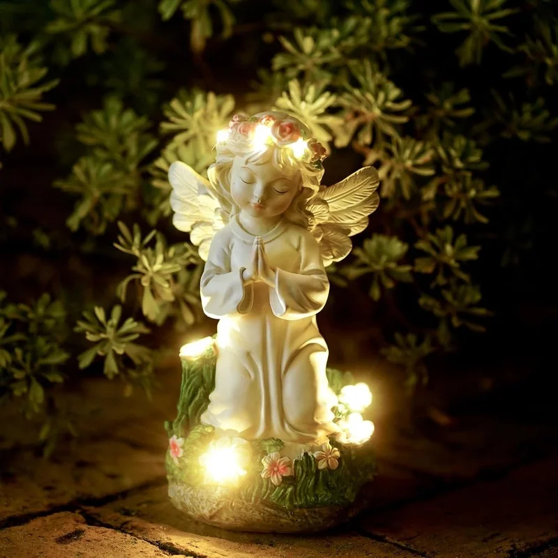 SM251052 Solar Praying Angel Resin Statue with Freestanding Garden Light