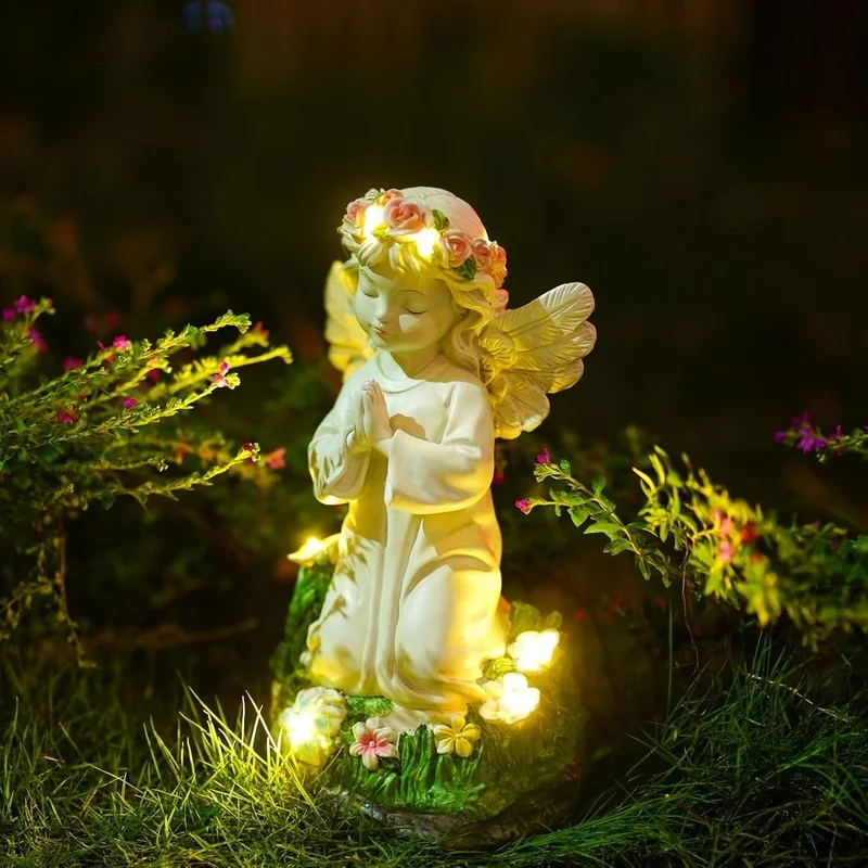 SM251052 Solar Praying Angel Resin Statue with Freestanding Garden Light_2