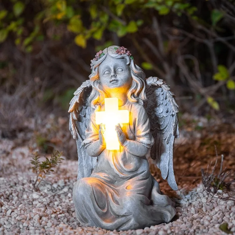 SM251054 Solar Praying Angel Resin Statue, White Freestanding Garden Light, Small Decorative Medium with Flowers
