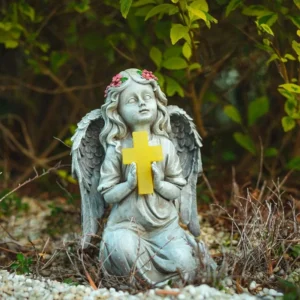 SM251054 Solar Praying Angel Resin Statue, White Freestanding Garden Light, Small Decorative Medium with Flowers_2