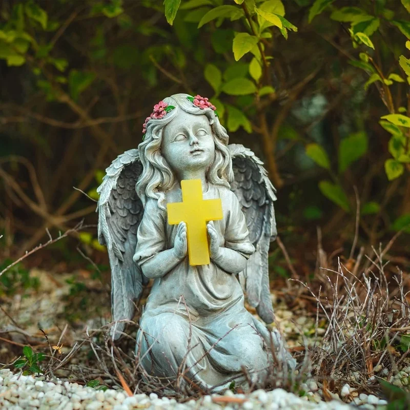 SM251054 Solar Praying Angel Resin Statue, White Freestanding Garden Light, Small Decorative Medium with Flowers_2