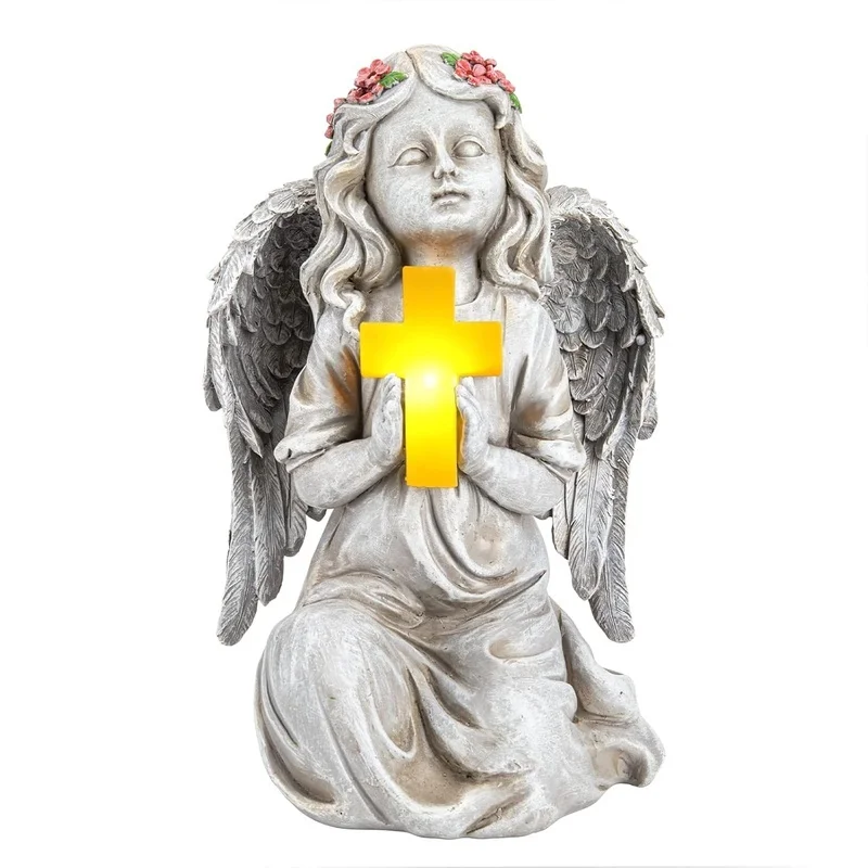 SM251054 Solar Praying Angel Resin Statue, White Freestanding Garden Light, Small Decorative Medium with Flowers_3