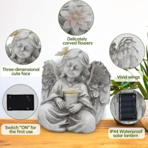 SM251055 Solar Praying Angel Resin Statue, Small White Freestanding Garden Light with Flowers, Decorative