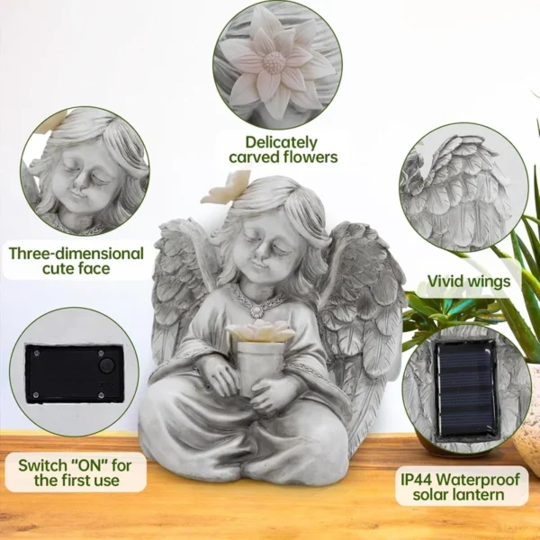 SM251055 Solar Praying Angel Resin Statue, Small White Freestanding Garden Light with Flowers, Decorative