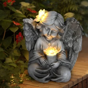 SM251055 Solar Praying Angel Resin Statue, Small White Freestanding Garden Light with Flowers, Decorative_2