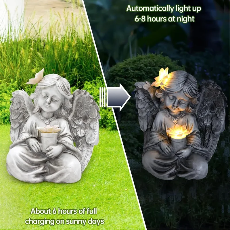 SM251055 Solar Praying Angel Resin Statue, Small White Freestanding Garden Light with Flowers, Decorative_3