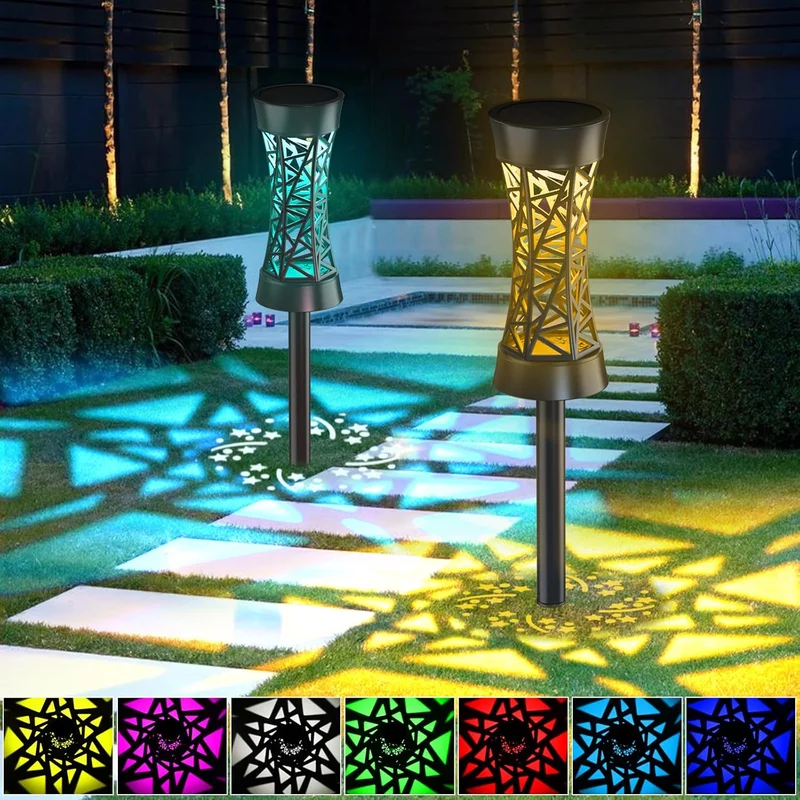 SM251056 ABS Plastic Hollow Solar Stake Lantern, 2-Piece Set, Dual Lighting Mode_2