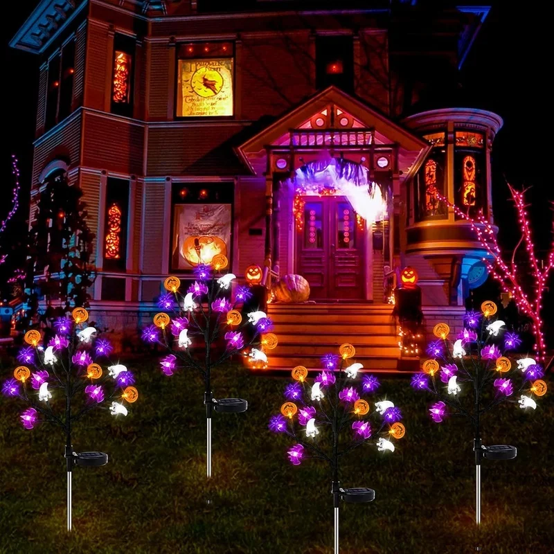 SM251081 20LED Halloween Solar Stake Light - Plastic PP Ghost, Pumpkin, Globe, Leaf, Tree_2