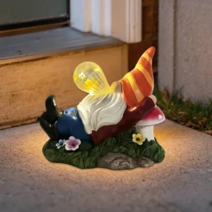SM25212 Solar Lamp Resin Statue - Mushroom Seat Elf with Glass Orb Tabletop Light