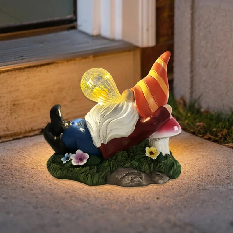 SM25212 Solar Lamp Resin Statue - Mushroom Seat Elf with Glass Orb Tabletop Light
