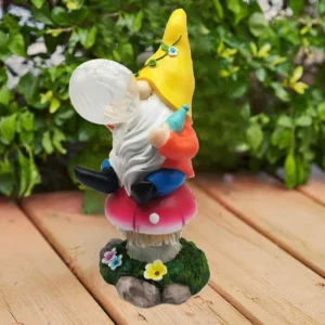 SM25212 Solar Lamp Resin Statue - Mushroom Seat Elf with Glass Orb Tabletop Light_3